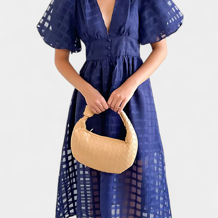 Marigold Vestido Midi de Manga Abullonada con Patrón de Cuadrados